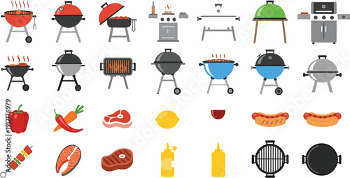 Barbecue Grill and Outdoor Cooking Illustration Set with BBQ Equipment, Meat, Sausages, Skewers, and Summer Backyard Party Elements