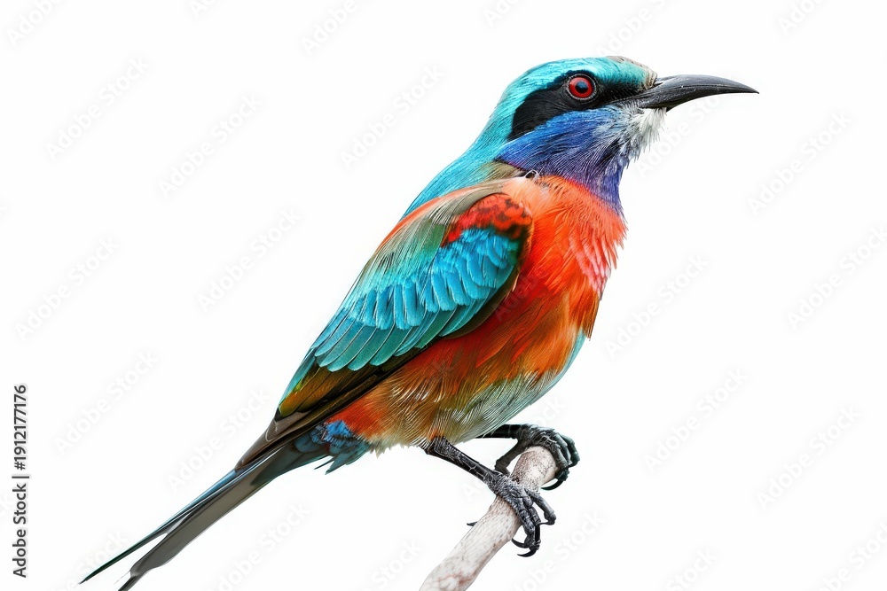Obraz premium A vibrantly colored bird perches on a branch. Capturing the exquisite beauty and intricate detail of avifauna.