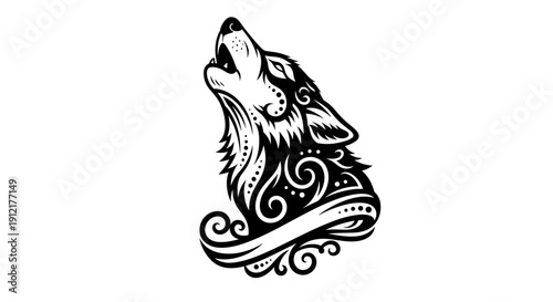 Tribal Wolf Head Howling with Ornate Swirls.
