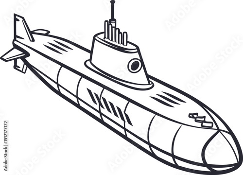 A black and white drawing of a submarine
