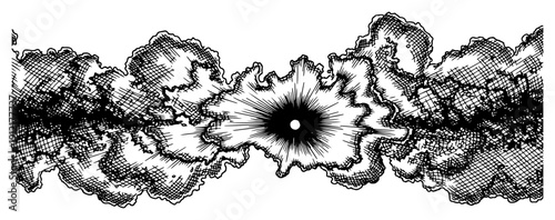 Powerful sunburst through dark clouds or smoke in hand drawn engraving style