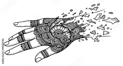 Intricate mehndi henna design on a hand crumbling into pieces sketch