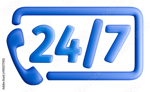 Phone icon with 24/ 7 text inside frame symbolizing round-clock service. Vector graphic conveys availability and constant support.