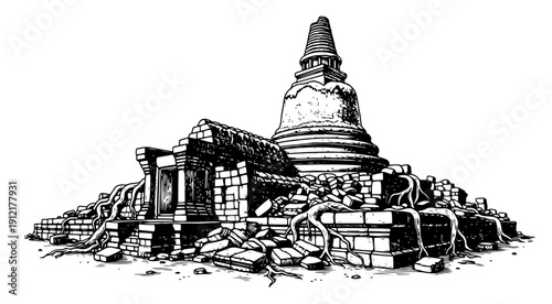 Ancient temple ruins overgrown with tree roots in detailed monochrome engraving style