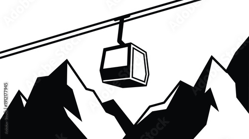 Alpine cable car gondola over mountain peaks silhouette, winter tourism transportation vector illustration isolated on white background