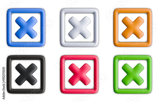 X marks in frames six colors. Vector icons simple shapes flat design colorful symbols.