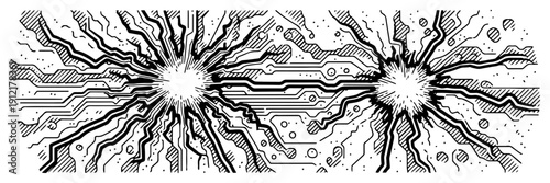 Concept of electronic circuit discharge or lightning strikes in hand drawn style