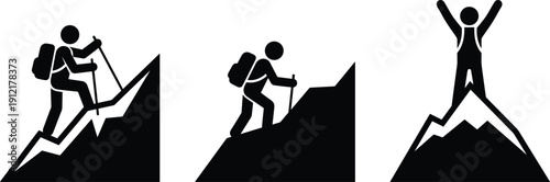 Mountain climbing and hiking success silhouette set, backpacker reaching summit peak vector illustration isolated on white background