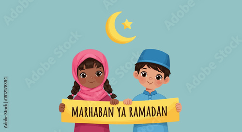 Marhaban Ya Ramadan Happy Ramadan greeting from diverse Muslim children holding a banner under a crescent moon and star celebrating Islamic holy month