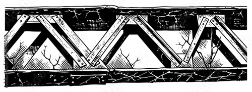 Horizontal decorative border of a rustic wooden bridge structure in vintage woodcut style