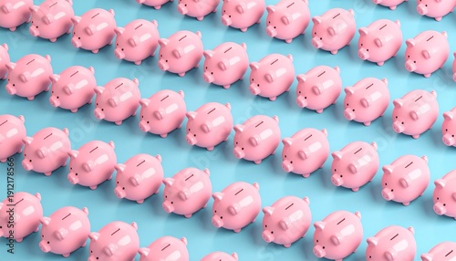 Pattern of pink piggy banks in diagonal rows on blue background.