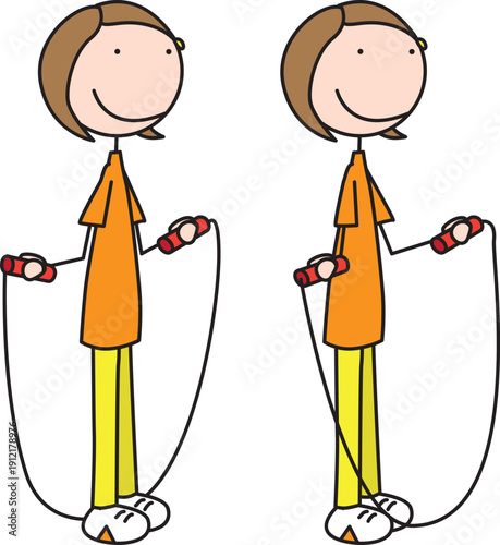 A vector illustration of a girl in two stages of jumping rope with the rope positioned behind her and then in front of her.
