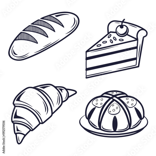A set of bakery items including bread cake and pastries Vector