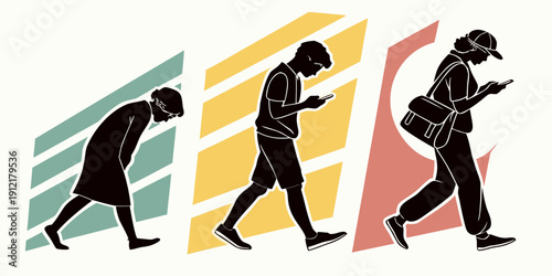 Evolution of a person walking while using a phone Vector