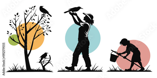 People planting and maintaining trees in a park or garden setting Vector