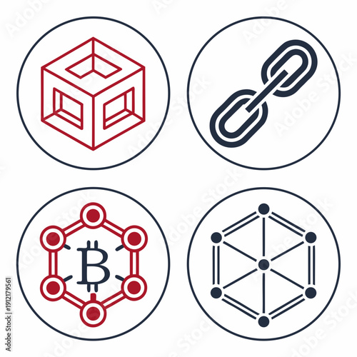 Four circles with blockchain and network icons Vector