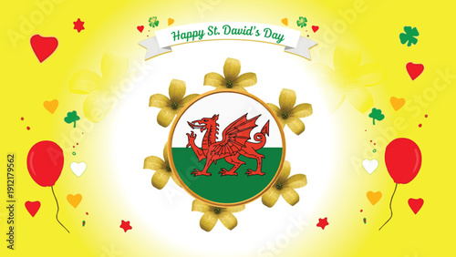 Happy St. David’s Day Celebration Background with Welsh Flag Dragon, Daffodils and Festive Decorations