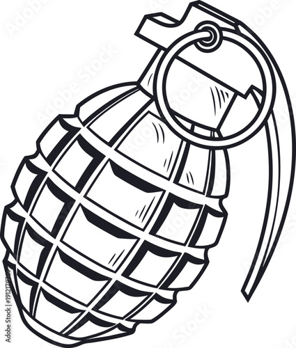 A black and white drawing of a grenade