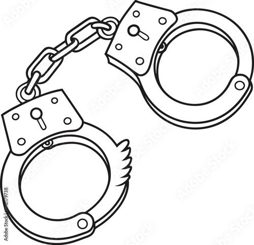 A pair of metal handcuffs with a chain