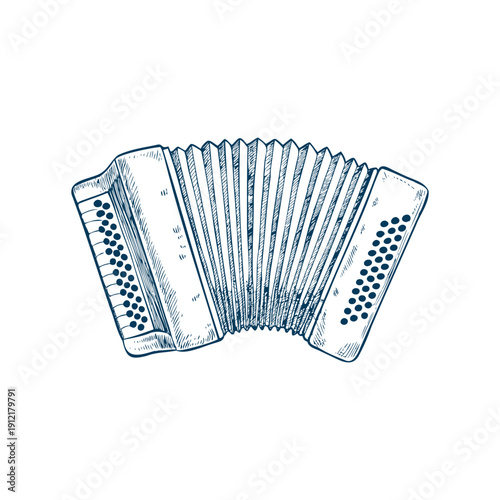 Vintage hand-drawn accordion, monochrome engraved style, isolated on white.