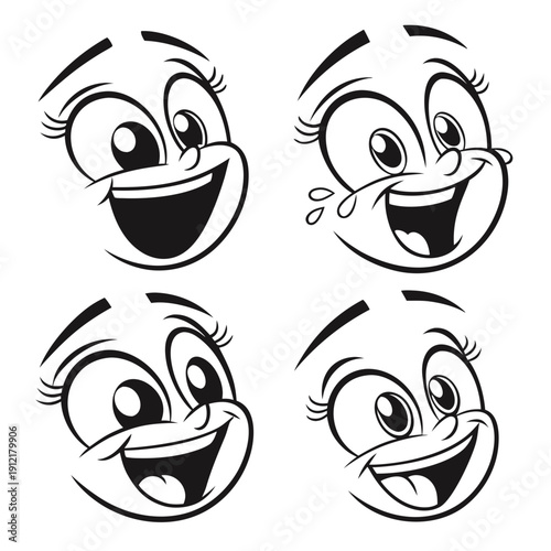 A set of four different cartoon faces with smiling expressions Vector