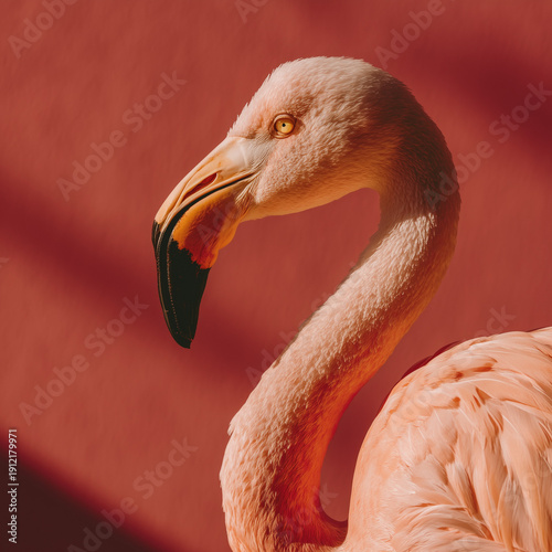 Close-up of pink flamingo with curved neck and soft gradient background.