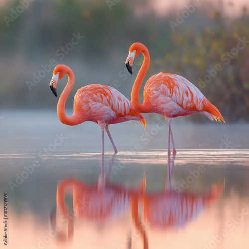 Pair of pink flamingos reflected in still water at sunrise.