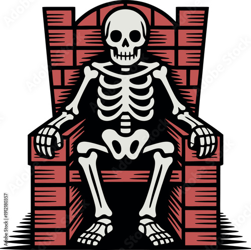 Macabre monarch reigns from his brick-built seat, a skeletal figure embodying grim power and ultimate authority, an ominous symbol of mortality's embrace skull vector 