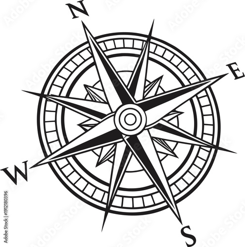 A black and white image of a compass
