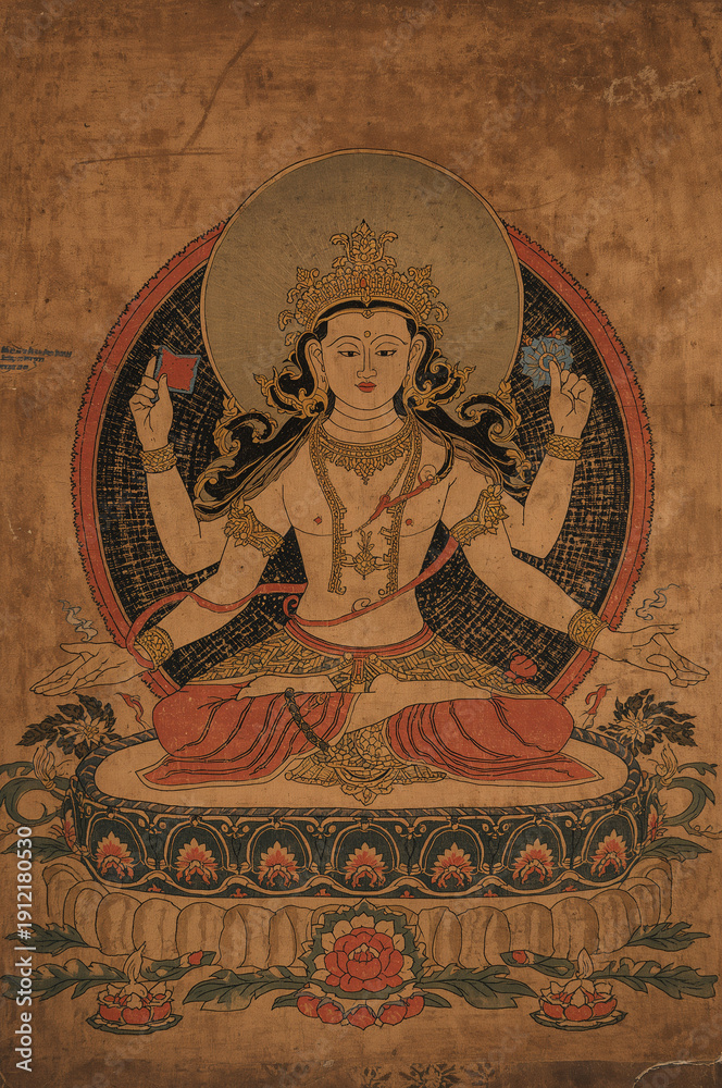 Fototapeta premium Ancient Vintage Thangka of Goddess Kali - Worn Silk Texture