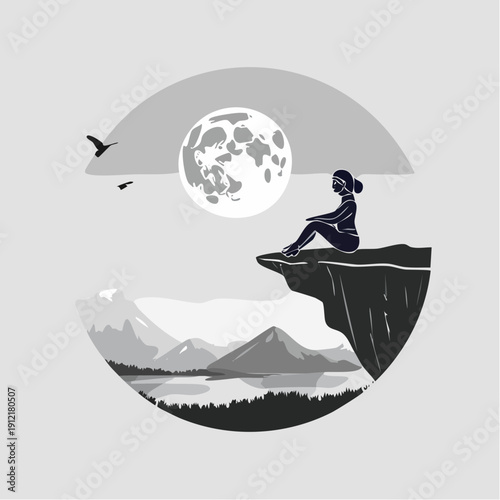 Contemplative woman perched on a moonlit cliff in monochrome digital illustration, viewed from a side perspective