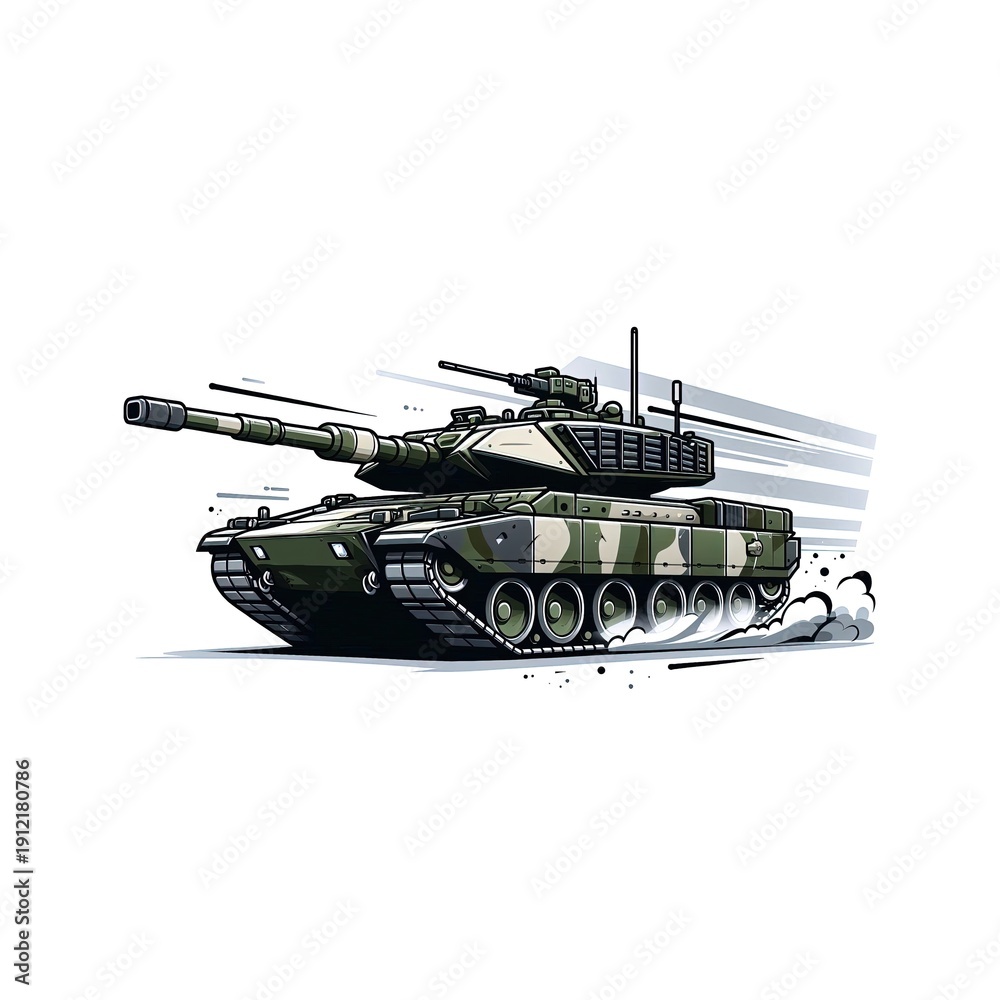 Fototapeta premium Army battle tank with a cannon on tracks. Military paint. Comic illustration.
