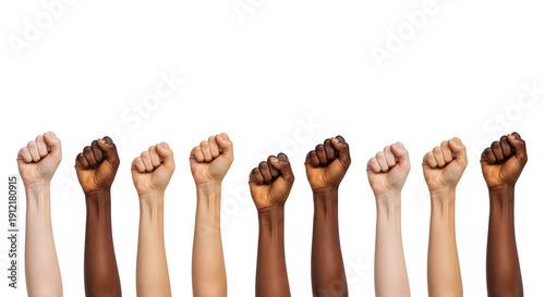 Diverse arms raised in unity on isolated on transparent background