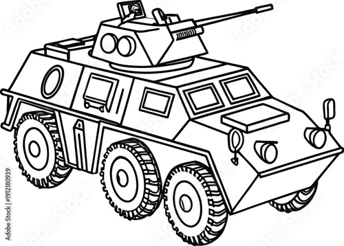A black and white drawing of a military vehicle