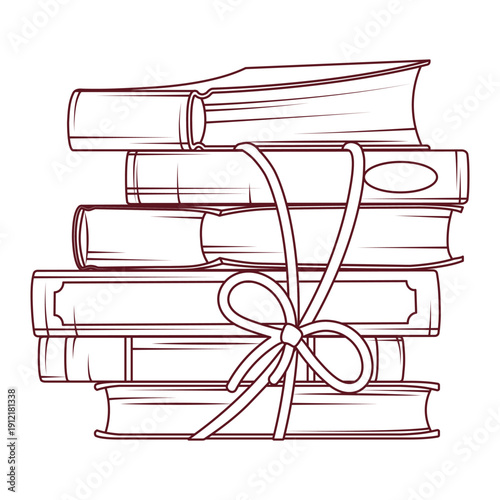 Vector illustration of stacked hardcover books tied with ribbon and bow. Line art isolated on white background. Classic literature and education concept design. For bookstore, booklover and library.