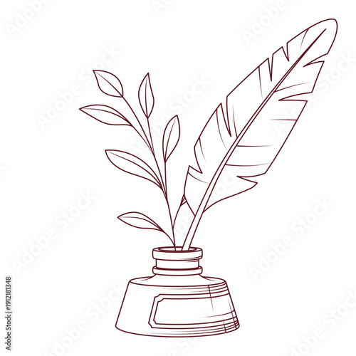 Vintage ink bottle with quill feather and decorative branch. Monochrome vector line art illustration isolated on white background. Classic writing, calligraphy and literature concept.