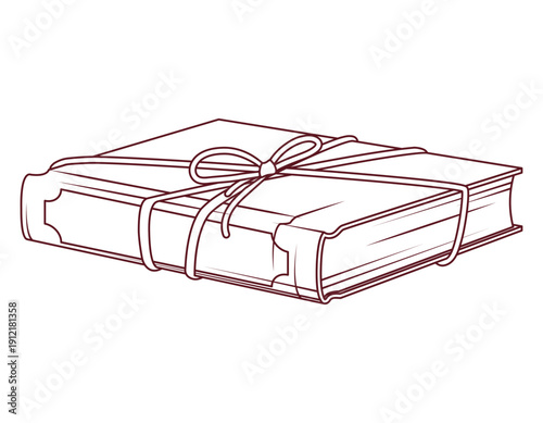 Vector line art illustration hardcover book tied with ribbon and bow isolated on white. Classic literature, gift, education and reading concept. For booklover, bookstore and library.
