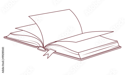 Open hardcover book with pages and bookmark ribbon. Line art vector illustration isolated on white background. Reading, literature and education concept.