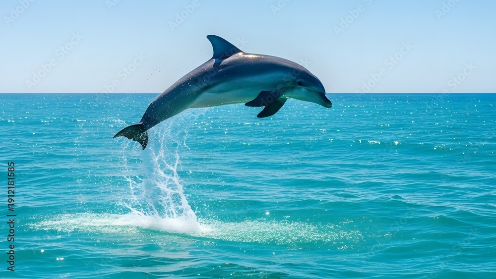 Fototapeta premium Dolphin jumping out of the ocean on a sunny day with clear blue water