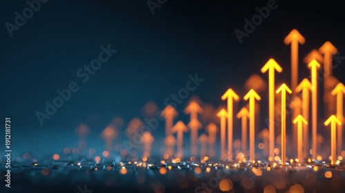 Growth Ascent: Dynamic orange arrows ascend against a deep blue backdrop, representing growth, progress, and upward mobility, symbolizing achievement and success.