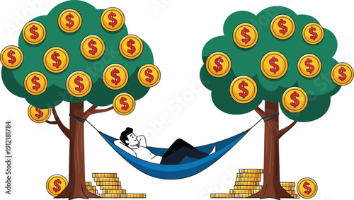 Man relaxing in hammock under trees with gold coins