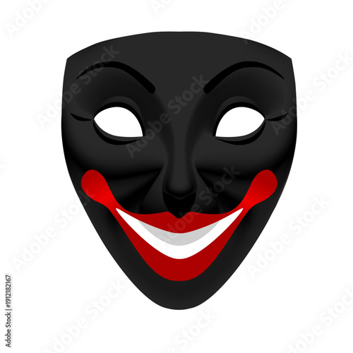 Black theatrical mask with a smile and a red mouth isolated on a white background. Vector illustration