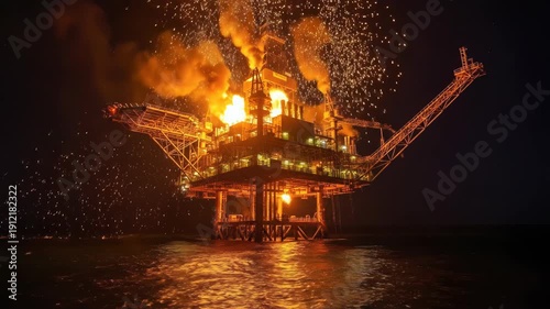 Offshore oil rig burning excess gas with a large flare at night over the ocean.