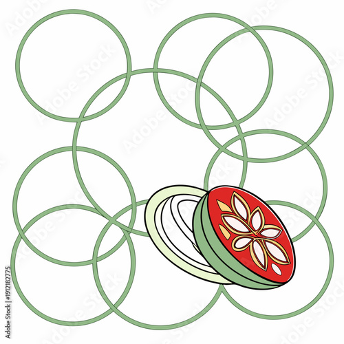 Organic rings around vegetable slices on white background