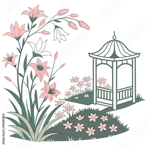 Serene garden scene with pink flowers and gazebo green