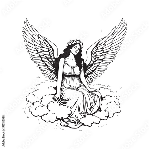Fotografi Angel with Wings Sitting on Clouds Illustration,Hand Drawn Angel Woman with Halo