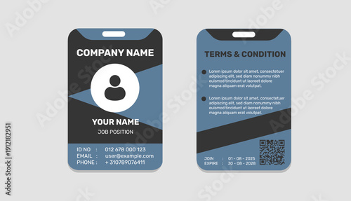 Modern corporate ID card design template for a company employee. A simple, abstract, geometric vector ID card design in black and blue tones.