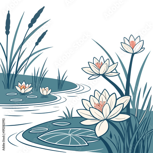Serene lake scene with white lotus flowers and reeds