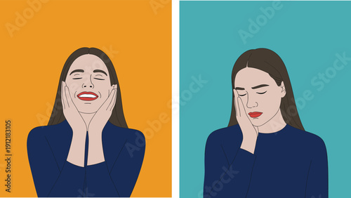 Vector illustration, young woman showing contrasting happy and sad emotions, mental health mood swings concept, flat design before after comparison