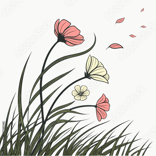 Pink and yellow flowers blowing in ocean breeze with green grass